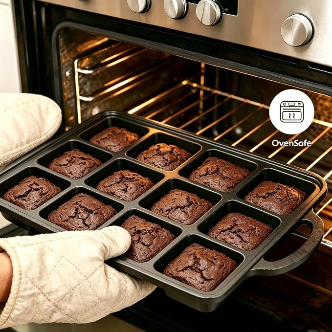 Flavehc 2Pack Cast Iron Brownie Pan with Dividers Individual 12 Cup Cavity Cast Iron Baking Pan for Brownies Square Muffin Pans Molds