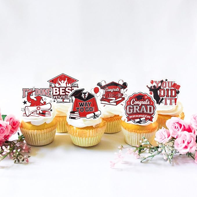 63 PCS Edible 2026 Graduation Cupcake Toppers Congrats Grad Cap Cupcake Picks Edible Diploma Done You Did it Cake Decorations for Class of 2026 Graduation Theme Party Decorations Supplies Black Red