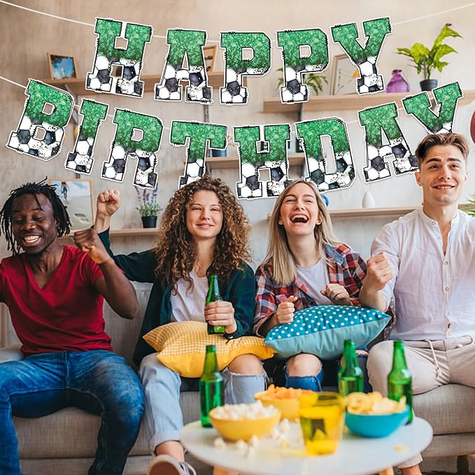 Zwiebeco Black Green White Football Happy Birthday Banner Bunting Hanging Paper Swirls Garland Party Decorations for Boys Girls Kids Adults Soccer Sports Themed Bday Decor Accessories Supplies