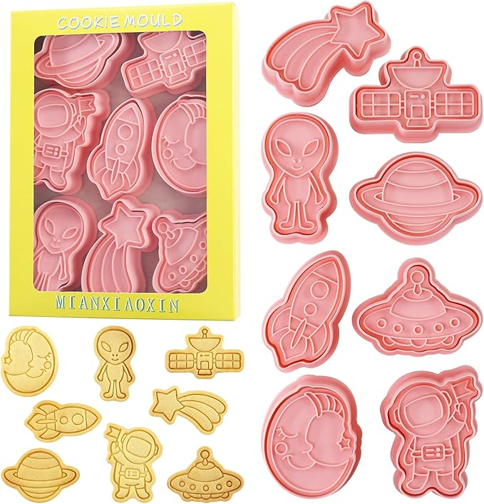 Space Cookie Cutters with Cookie Stamps 8 Pcs 3D Astronaut Planet Rocket Theme Cookie Cutter for Party Baking (Space)