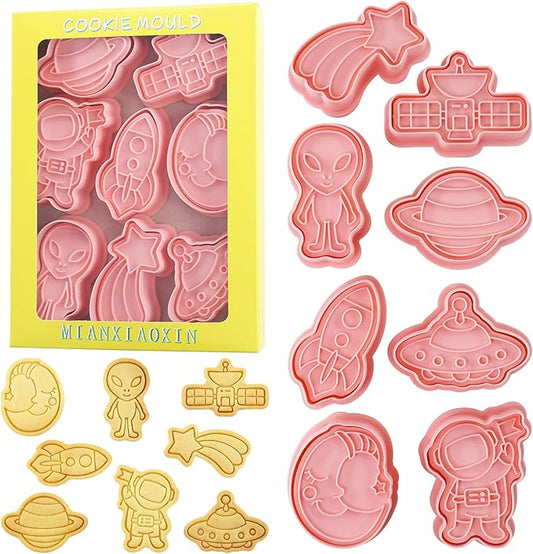 Space Cookie Cutters with Cookie Stamps 8 Pcs 3D Astronaut Planet Rocket Theme Cookie Cutter for Party Baking (Space)