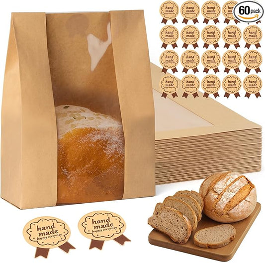 FUNFERY 60 Pcs Sourdough Bread Bags for Home Made Bread Sourdough,Large Paper Bags for Breads Gifting with Window&Cute Stickers,Loaf Bags for Bakery Packaging and Storage,Sourdough Starter Kit