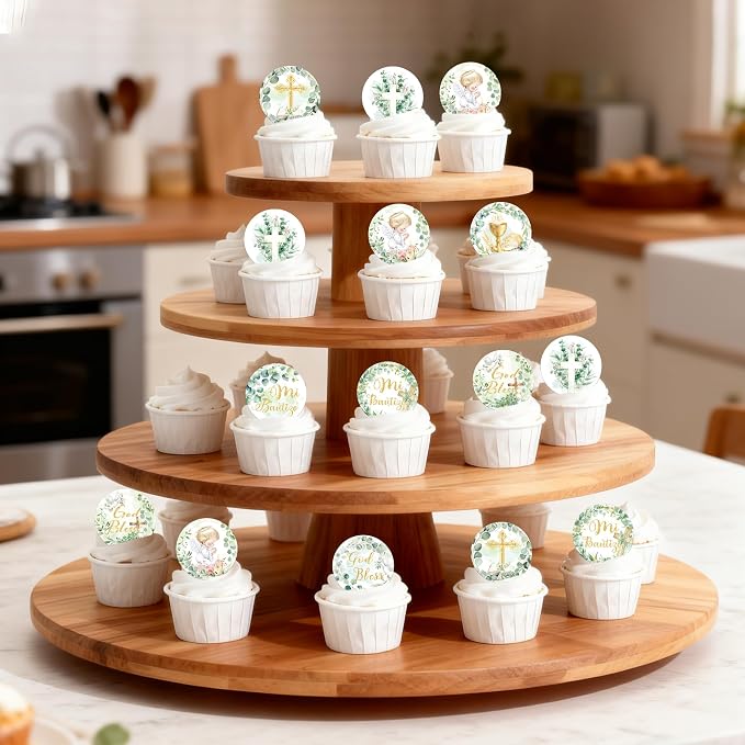 64 PCS Edible God Bless Cupcake Toppers Angel Bi Bautizo Cupcake Picks Edible Greenery Leaves Baptism Cross First Communion Cake Decorations for God Bless Theme Baby Shower Birthday Party Supplies