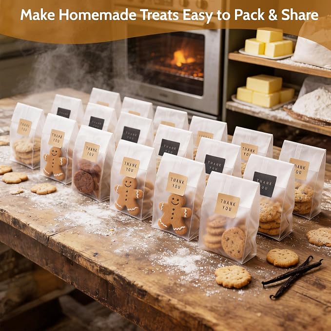 Cookie Bags for Packaging, 100 Pack Treat Bags with Thank You Stickers, 9 x 3.4 Inch for Individual Muffins, Brownies, Candy, Party Favors and Graduation Gift Bags