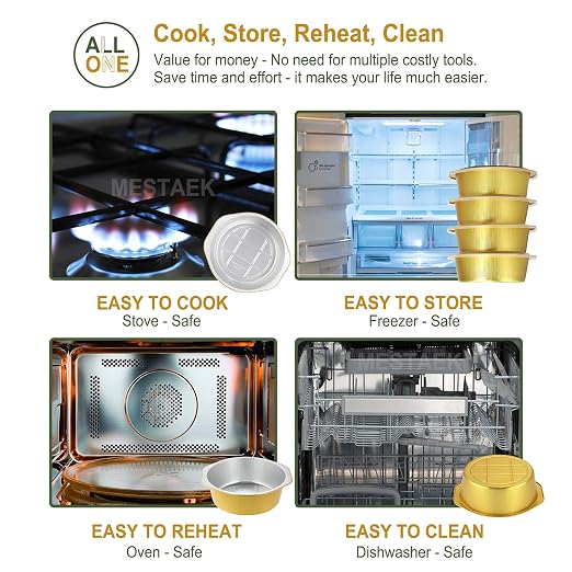 48oz Round Aluminum Foil Containers with Lids, 5 Pack | 7.7 Inch Round, Heavy Duty Foil, Ideal for Meal Prep, Pasta, Casseroles and Food Storage