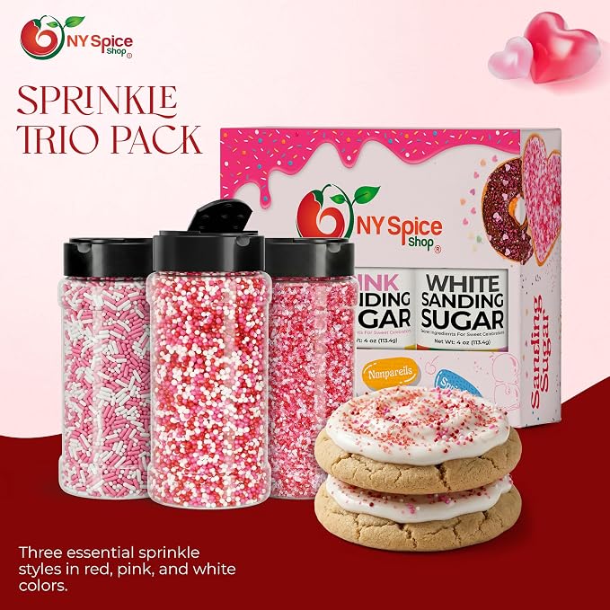 NY Spice Shop Sprinkles Nonpareils & Sanding Sugar - 12 Ounce Mix Red Pink White Sprinkles for Holiday Dessert Decoration - Baking Decoration for Cupcakes Cookies Cakes and Dessert Toppings