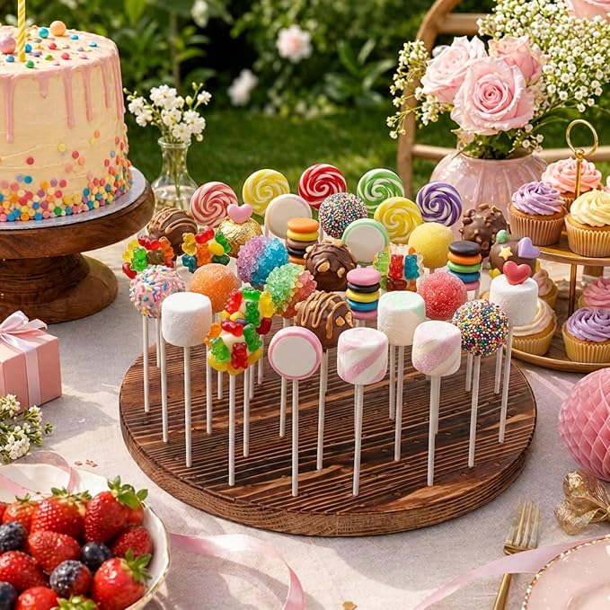 Revolving Cake Pop Holder with 100 Sticks, 97-Hole Wood Lollipop Holder with Rotatable Base, Lollipop Table Display Stand, Round Cake Pop Drying Stand, for Wedding Birthday Holiday Parties Decor