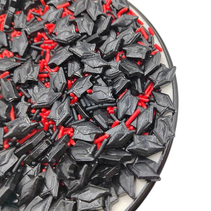 Graduation Day Sprinkles, Red Black Jimmies Sprinkles, Edible School Graduation Hat Sprinkle Candy Soft Jimmies Toppings for Ice Cream, Cupcake, Cake Decorating, Cookie, Dessert Decorating