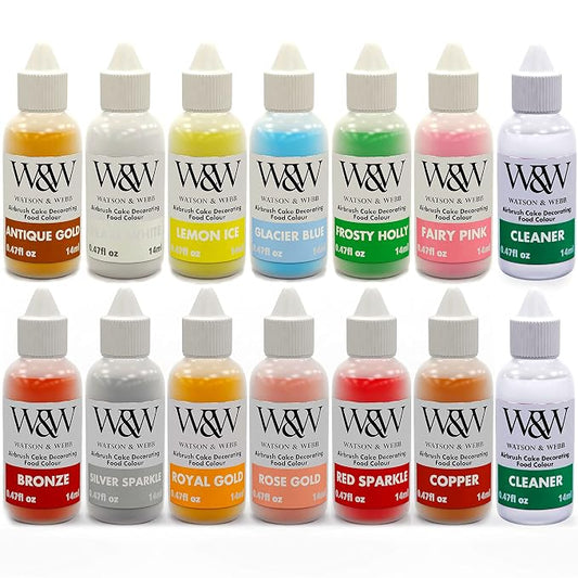 Airbrush Food Coloring Set Gluten Nut & Lactose Free. Vegan - Non-Clogging Edible Paints for Decorating Cupcakes, Sweets, Chocolate, Cakes, Donuts, Cookies & Biscuit Bakes. (14 bottle lustre)