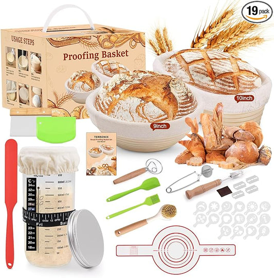 Bread proofing baskets for sourdough 19-Piece Set ，9" Round & 10" Oval Sourdough basket，Sour dough tools，Including bread pull ring, dough mixer,Complete Sour dough starter kit