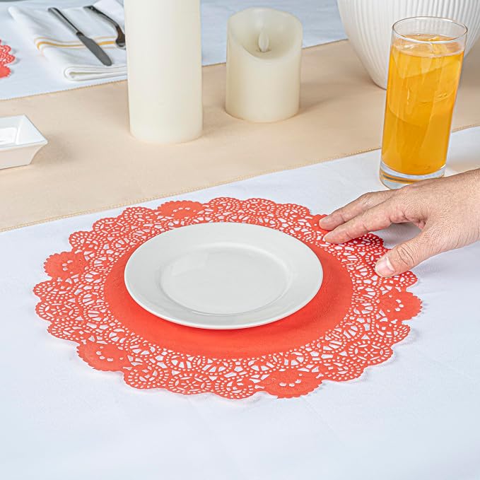 Restaurantware Pastry Tek 12 x 12 Inch Lace Doilies 100 Decorative Tableware Placemats - Disposable Round Red Paper Table Doilies For Birthdays Or Weddings Table Decor