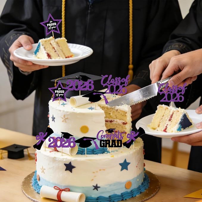 48 PCS Graduation Cupcake Toppers, 6 Styles Congrats Grad Cake Topper 2026, Graduation Decorations, Glittery Black and Purple Cap and Diploma Cake Picks for Grad Party Decor Supplies