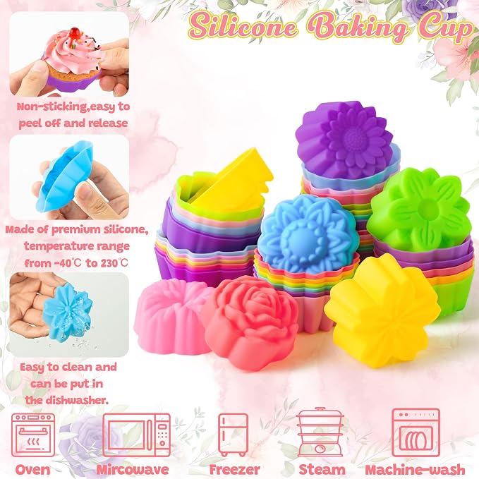 R HORSE 42 Pack Mini Silicone Cupcake Molds Multi Flower Shaped Baking Cups Non-Stick Muffin Baking Mould Washable Cupcake Cake Cup Liners Mold for Soap Dessert Pudding Donut Party Supplies