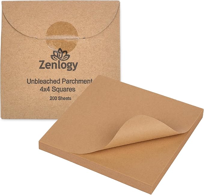 Zenlogy 4x4 Small Parchment Paper Squares (200 sheets) - Unbleached, Non-stick, Pre-cut Parchment Paper - Ideal for Candy Wrappers, Liner Paper, Freezing and Storing, Separating, and Diamond Painting