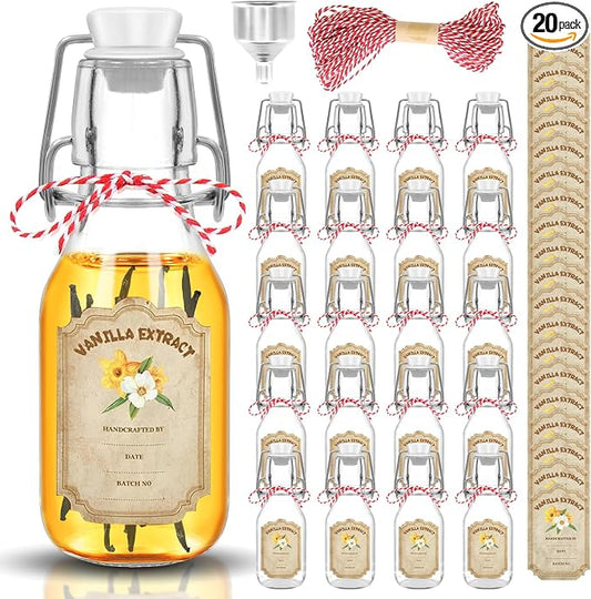 20 Pack Swing Top Glass Vanilla Extract Bottles 4 oz with Lids, Funnel and Vanilla Extract Labels, Boston Vanilla Bottles for Syrup Gift, Flip Top Glass Jars