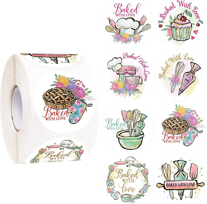 WorldBazaar Baked with Love Stickers 500pcs Floral Homemade with Love Stickers Cookies Packaging Stickers for Bakery Box Birthday Wedding Baby Shower Christmas Small Business Supplies