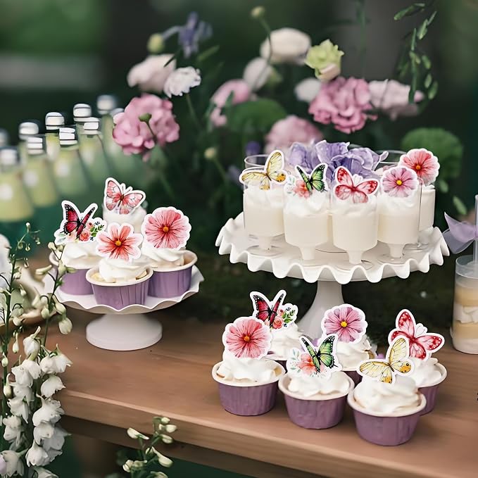 48Pcs Edible Flowers Blossom Cupcake Toppers Butterfly Edible Cupcake Toppers Floral Butterflies Drink Topper for Spring Baby Shower Floral Wedding Girls Birthday Mother's Day Cupcake Decorations