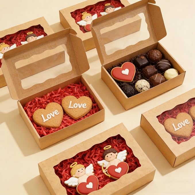 20pcs Cookie Boxes with Window 7x4.375x1.5 Inches Bakery Boxes Treat Box Chocolate Covered Strawberries Box for Christmas Valentine's Day Mother's Day - Brown