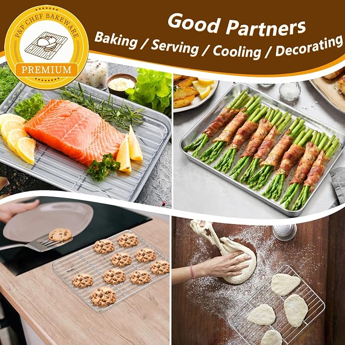 P&P CHEF 10.4 + 9 Inch Toaster Oven Pans with Racks, 4 Pieces Stainless Steel Oven Tray Baking Pan Sheet and Cooling Rack for Oven Cooking Roasting, Non Toxic & Dishwasher Safe