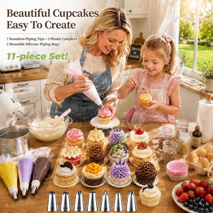 Hendiy Large Piping Tips Set, 11 Pieces Seamless Stainless Steel Cake Decorating Tips Kit, Reusable Piping Bags and Tips Frosting Icing Set for Cupcakes Cookies (2D 2F 1M 4B 1A 6B 853)
