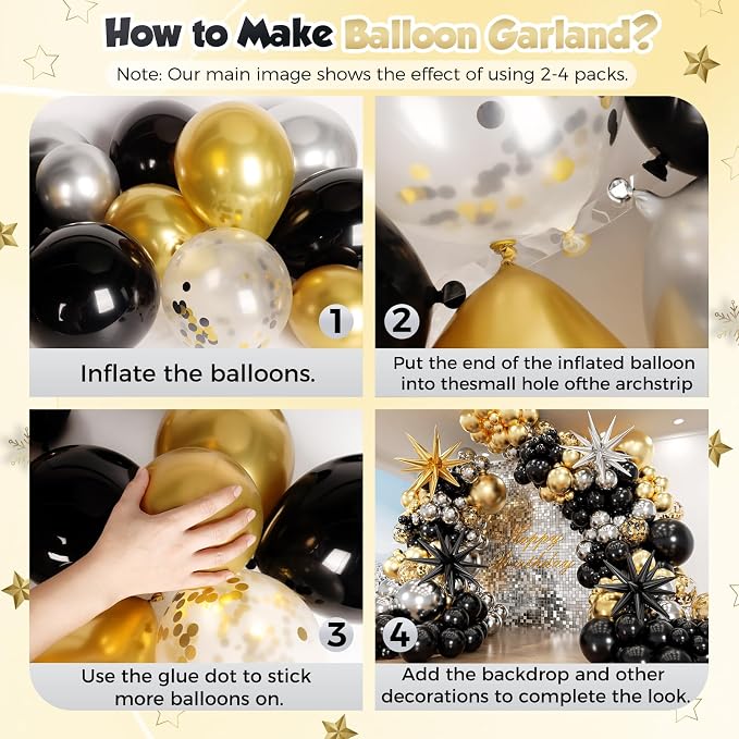 Black Gold and Silver Balloon Arch Garland Kit 153pcs with Star, 22 18 12 10 5in Different Size Black Gold Sliver Balloons for Birthday Anniversary 2026 Graduation New Year Party Decoration