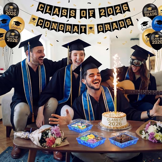 Outus 100 Pack Graduation Party Paper Food Containers Blue Charcuterie Boxes with Clear Lids, 5.7 x 5.1 '' Graduation Party Supplies Cake Take out Bakery Boxes with Gift Tags Rope for Desserts Cake