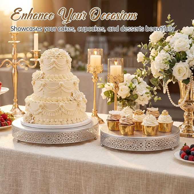 Wenqik 2 Pack Cake Stand Set, 14/16 Inch Metal Round Dessert Cupcake Stand Elegant Cake Decorative Display for Weddings Party Birthday Anniversary, Classic Floral, Silver