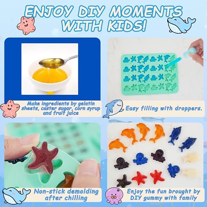 Zorazio 7Pcs Gummy Bear Molds Silicone, Nonstick Ocean Animals Gummy Molds Includes Bear, Starfish, Dolphins, Octopus, Gummy Candy Chocolate Molds with 2 Droppers for Convenient Filling