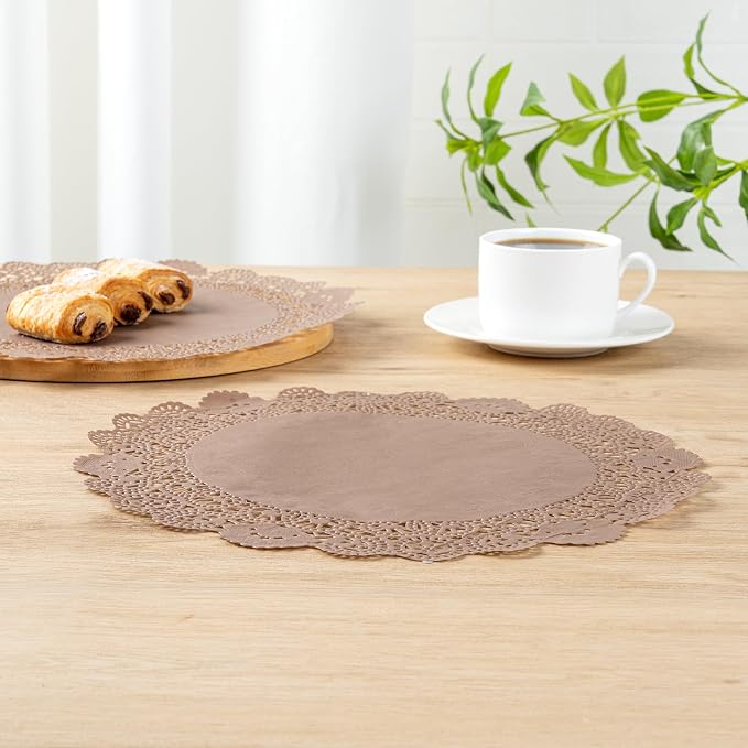 Restaurantware-Pastry Tek 12 x 12 Inch Paper Lace Doilies, 4000 Disposable Table Doilies - Elegant Lace Finish, Long Lasting, Brown Paper Placemat, for Pastries, Cupcakes, Desserts