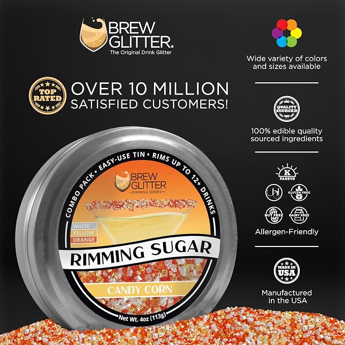 Brew Glitter - Orange, Yellow and White Rimming Sugar (4oz, 1x Bar Tin) Cocktail Garnish for Mixed Drinks & Refreshments