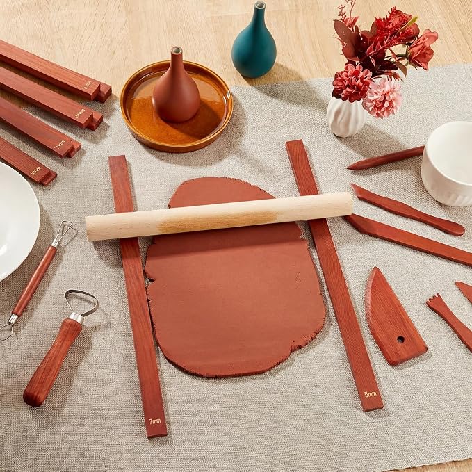 Sasylvia 10 Pcs Clay Pottery Rolling Pin Guides Wood Teaching Rolling Mud Stick Guide Set Polymer Clay Depth Thickness Guide Pottery Mudboard Tools (5 Size,Reddish Brown)