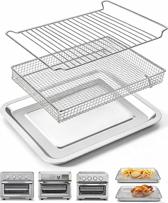 3PCS Air Fryer Replacement Tray for Cuisinar TOA-060/065 Toaster Oven Parts | Air Fryer Tray and Basket for Oven, Steel Baking Sheet Pan with Wire Rack Accessories for Cooking Bread and Broiling,NonStick