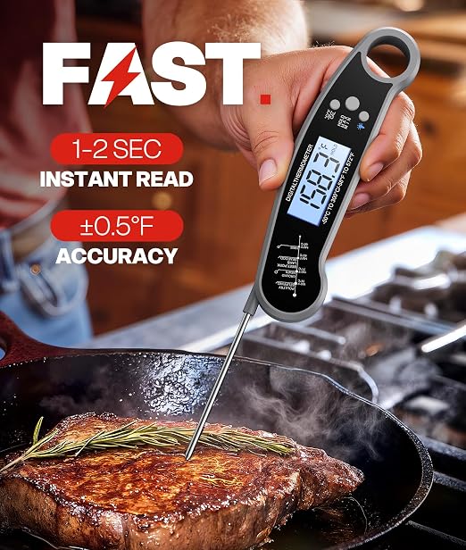 Meat Thermometer Digital – Instant Read Food Thermometer for Grilling, BBQ, Air Fryer, Smoker, Candy Making with Foldable Probe, Kitchen Gadgets, BBQ Essentials, Gift for Dad, Men, Grey