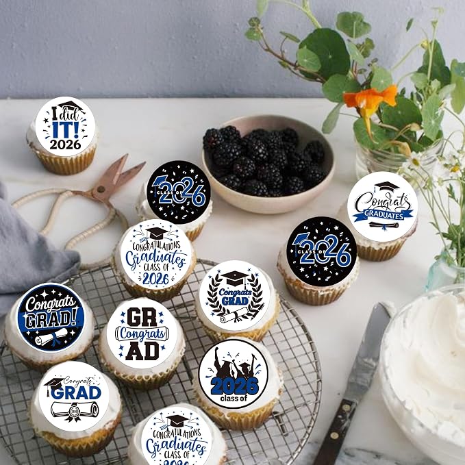 63 PCS Edible 2026 Graduation Cupcake Toppers Diploma Congrats 2026 Grad Cap Cupcake Picks Edible Class of 2026 Cake Decorations for 2026 Graduation Theme Party Cake Decorations Supplies Dark Blue