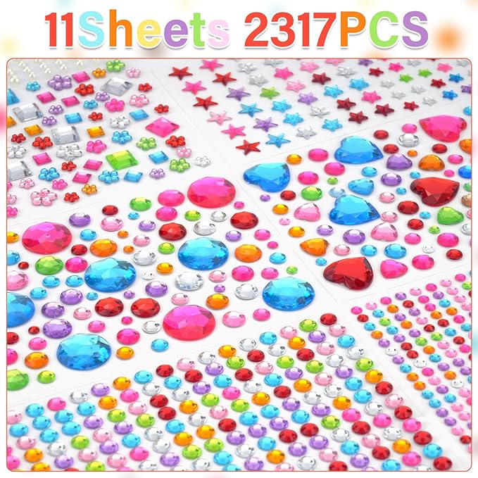 MMonDod 11 Sheets Gem Stickers, 2317 Pcs Self Adhesive Rhinestone Stickers | Self adhesive rhinestone gem stickers for crafts, scrapbooking, card making, DIY decor, party supplies and handmade projects