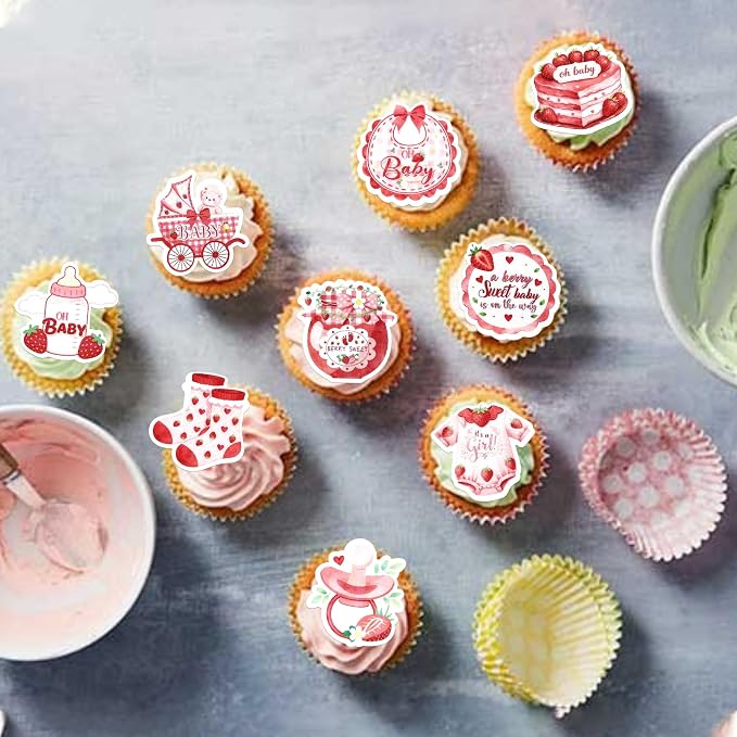 63 PCS Edible Baby Shower Cupcake Toppers Wafer Paper Berry Sweet Strawberry Cupcake Picks Edible Oh Baby It's a Girl Cake Decorations for Gender Reveal Baby Shower Girls Birthday Party Supplies Red