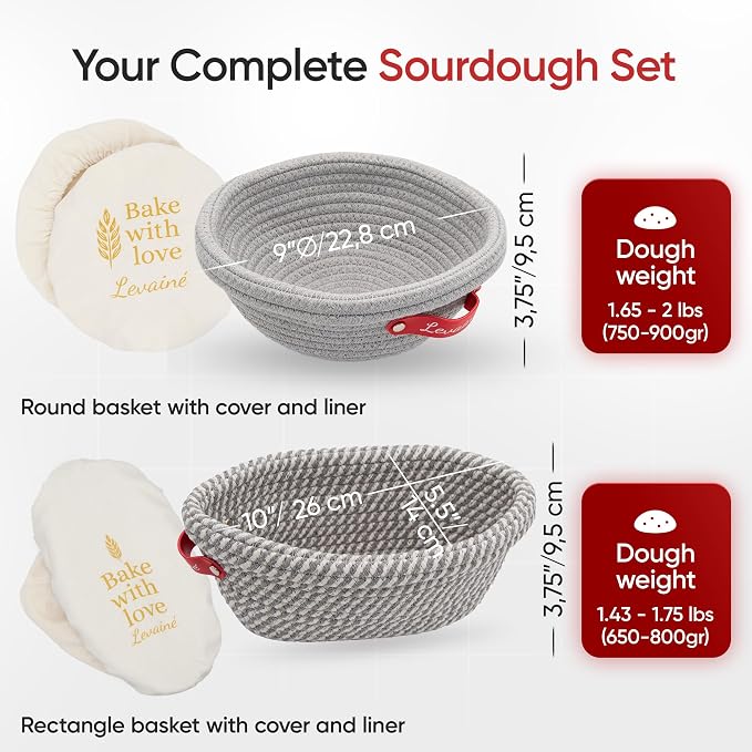 Levainé 2 Pack Cotton Rope Banneton Bread Proofing Basket Set, Round & Oval Sourdough Proofing Baskets with Liners and Covers, Washable Bread Baking Supplies for Homemade Artisan Bread