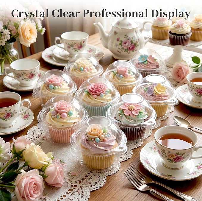 VGOODALL 120PCS Individual Cupcake Containers, 4.3 X 3.2 Inches Plastic Cupcake Holders With Lid for Wedding Baby Shower Birthday Party Supply