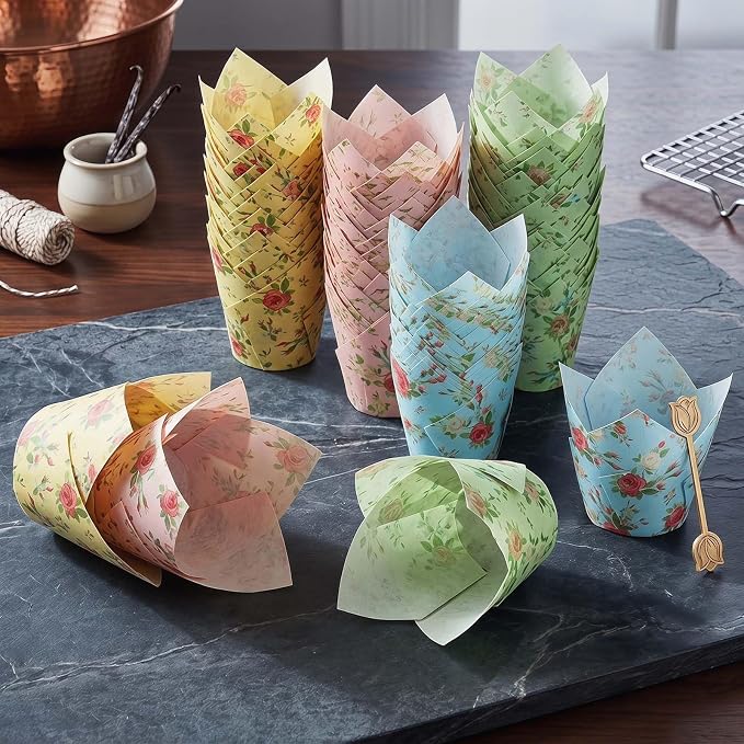 200 Pcs Floral Tulip Cupcake Liners for Baking, Color with Wildflowers | Standard Greaseproof Tulip Muffin Liners for Baking, 3oz Paper Cupcake Wrappers for Party Wedding Birthday