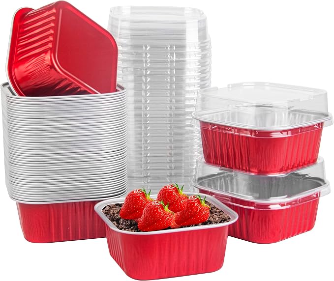 50 Pcs Mini Square Baking Cups with Lids,5oz Aluminum Foil Mini Cake Pans with Lids,Disposable Ramekins Cake Pans,150ml Dessert Cups Cupcake Pans for Wedding Birthday Party,Red