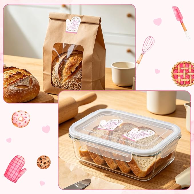 PANTIDE 500 Count Baked with Love Cottage Food Law Labels Stickers (Pink) | Flower Adhesive Oven Mitt Shaped Decal Roll, Made in A Home Kitchen, Inspection Statement Thermal Printed, for Food Packaging