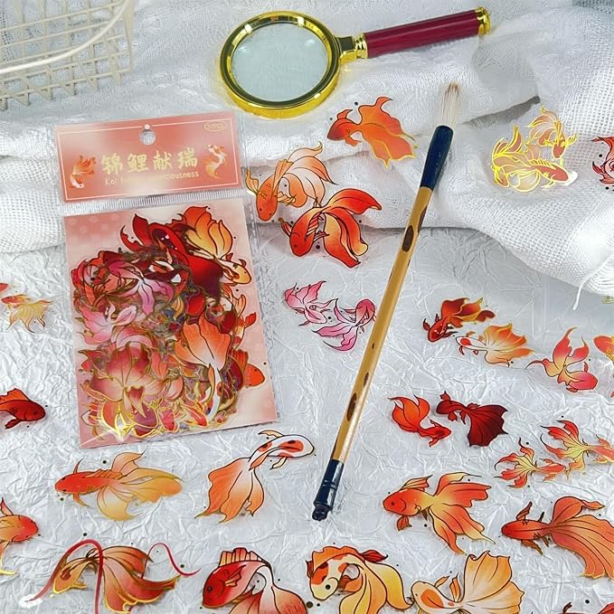 Goldfish Stickers with Gold Holographic Outlines, 50Pcs Glitter Shiny Koi Waterproof Decorative Decals for Scrapbooking Supplies Junk Journal Bullet Journals Planners (colourful-B13)