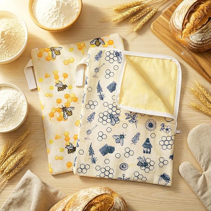 Hahafelt 2 Pack Beeswax Bread Bags with Zipper Seal for Sourdough and Homemade Bread XL Reusable Organic Linen Cotton Beeswax Loaves Food Storage Bag to Keep Fresh(Bee)
