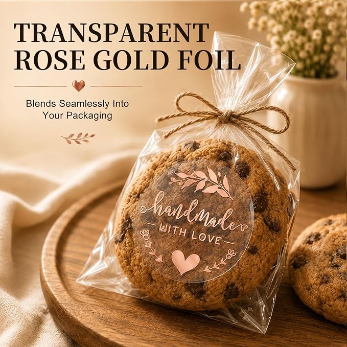 100 Handmade with Love Stickers, Clear Rose Gold Foil Labels for Small Business Packaging, Bakery Boxes, Gift Bags, Cookies, Handmade Crafts & Customer Orders, 1.6 Inch Round