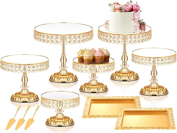 12 Pieces Gold Cake Stand Set, Vintage Cake Display Stand with Crystal Edge and Cupcake Display Tray, Dessert Table Display Set for Wedding Party Baby Shower Anniversary Celebration