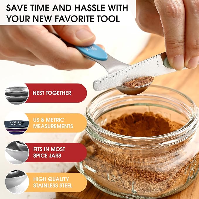 Spring Chef Stainless Steel Magnetic Measuring Cups, Set of 7 & Heavy Duty Magnetic Measuring Spoons, Set of 8 with Leveler - 2 Product Bundle - Winter Frost