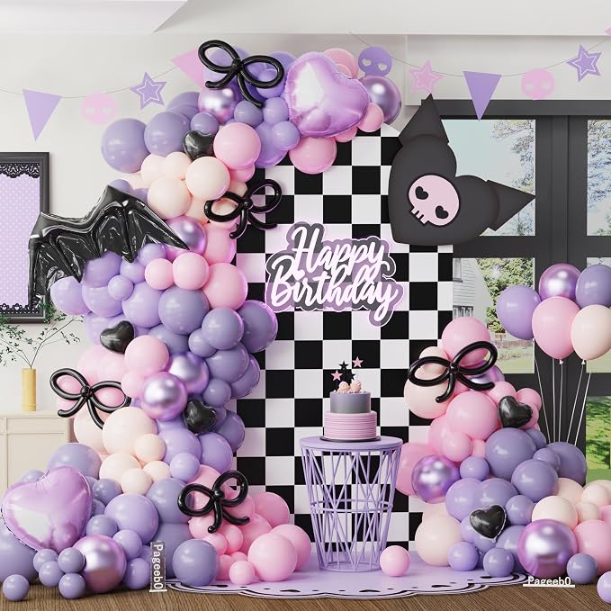 Kawaii Balloon Garland Arch Kit, 152Pcs Pastel Pink and Purple Metallic Purple Balloons with Wearable Wing Heart Star Foil Balloons for Cute Girl Birthday Kawaii Baby Shower Princess Party Decorations