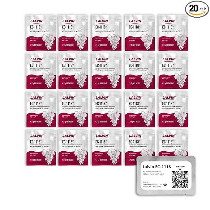 Lalvin EC-1118 Wine Yeast (20 Pack) - Champagne Yeast - Make Wine Cider Mead Kombucha At Home - 5 g Sachets - Saccharomyces cerevisiae - Sold by CAPYBARA Distributors Inc.