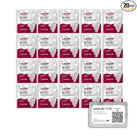 Lalvin EC-1118 Wine Yeast (20 Pack) - Champagne Yeast - Make Wine Cider Mead Kombucha At Home - 5 g Sachets - Saccharomyces cerevisiae - Sold by CAPYBARA Distributors Inc.