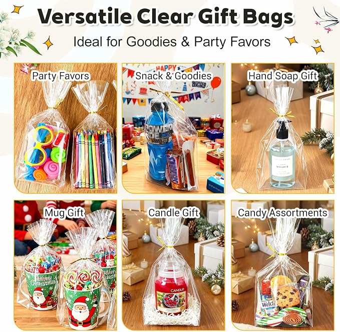 PigPotParty Cellophane Bags 8x11 Inch,100 Pack Clear Plastic Gift Bags with Bottom Gusset for Stand-Up Display, Medium Cello Gift Wrap for Goodies, Treats, Party Favors, Mugs, Includes 100 Gold Ties